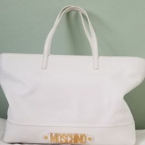 MOSCHINO White Leather Tote with Gold Plaque Logo